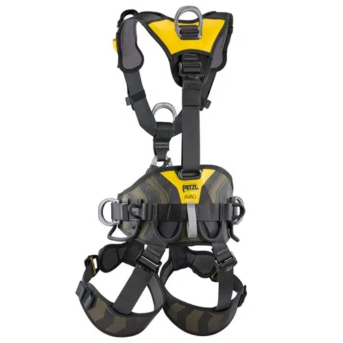 El arnés Petzl Avao Bod Fast Internacional de Arnés Industrial está equipado con correas ajustables negras y amarillas, junto con múltiples hebillas y presillas para enganches de seguridad. Diseñado específicamente para actividades de escalada o trabajo con cuerdas, proporciona un soporte y una seguridad mejorados para garantizar el máximo rendimiento en cualquier entorno internacional.