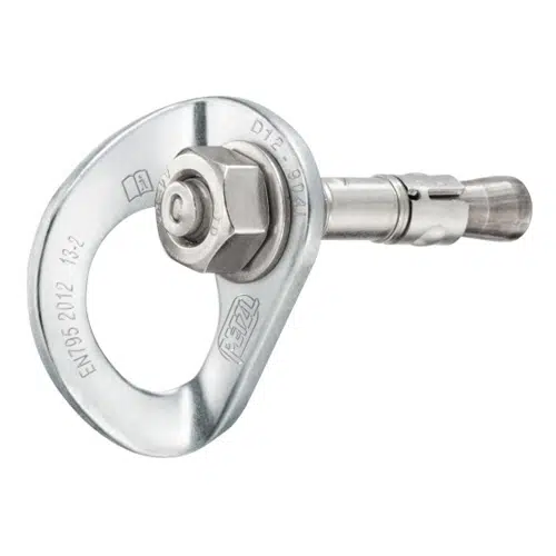 El perno Petzl Coeur Bolt HCR 12 mm, incluido en el pack Chapa + Perno Resistente a la Corrosión de 20 unidades, incorpora un perno y una tuerca integrados en el extremo. Está etiquetado con normas y certificaciones e incluye un ojal circular para fijar otros equipos de escalada. Esta chapa está diseñada específicamente para la fijación en roca u hormigón.