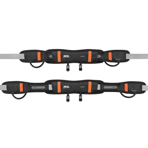 Los arneses de escalada Arnés Petzl Aspir que se exhiben son de color negro y naranja, y cada uno de ellos cuenta con correas ajustables, hebillas y portamateriales diseñados para brindar seguridad y comodidad. La marca Petzl se ve claramente en ambos cinturones.
