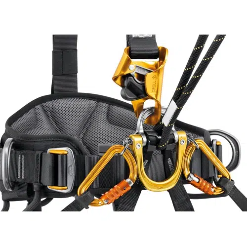 Primer plano de un arnés de escalada Petzl con múltiples mosquetones dorados, correas negras y secciones acolchadas. El equipo está seguro y listo para usar en escalada, con cuerdas enhebradas a través de los mosquetones, lo que resalta la seguridad y la funcionalidad.