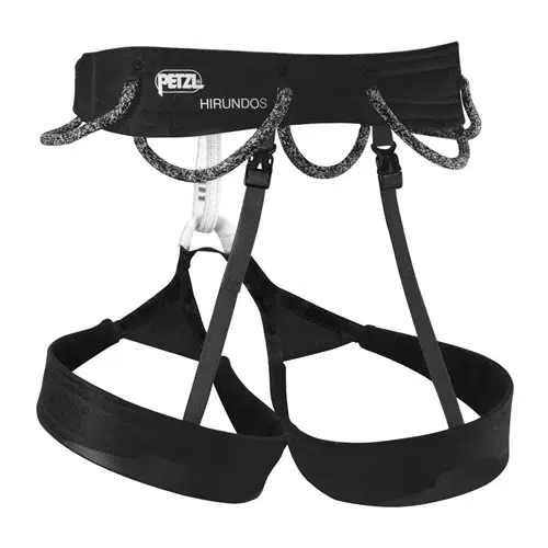 El arnés de escalada Petzl, llamado Arnés Petzl Hirundos, viene en negro y gris e incluye múltiples portamateriales junto con correas ajustables para las piernas. El cinturón tiene impreso el nombre del modelo "Hirundos".