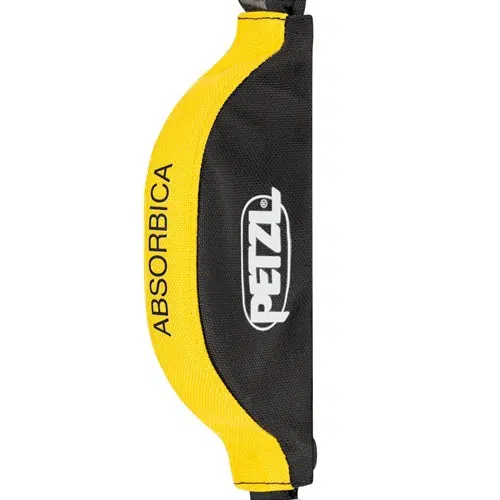 La correa de seguridad Absorbedor Industrial Petzl Absorbica-I, de color amarillo y negro, muestra de forma destacada el logotipo de PETZL en blanco nítido sobre un fondo negro. Esta correa es excepcional en la absorción de energía para sistemas anticaídas, lo que proporciona una seguridad de primera durante las escaladas.