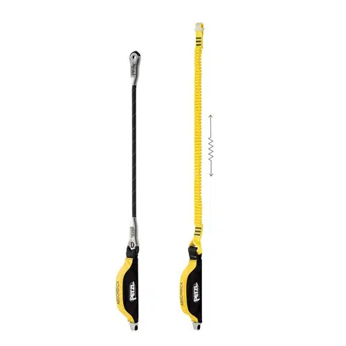 La imagen muestra dos elementos de amarre anticaídas Absorbedor Industrial Petzl Absorbica -I, uno en estado compacto (izquierda) y otro extendido (derecha). Ambos cuentan con absorbedores de energía textiles y conectores en cada extremo. El elemento de amarre compacto es negro y amarillo, mientras que el elemento de amarre extendido es amarillo y parece más largo.
