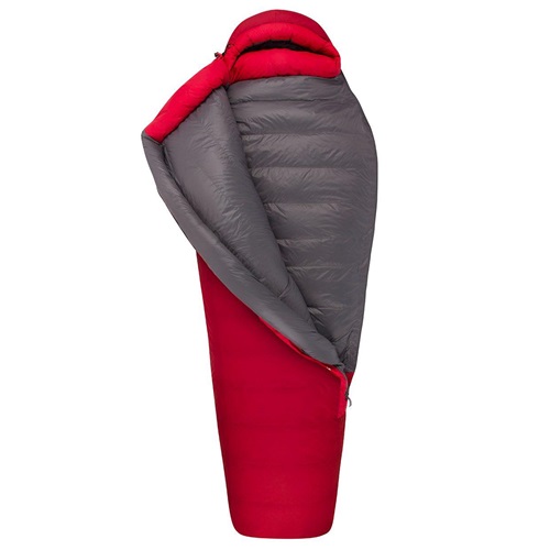 El saco de dormir Saco de Dormir Pluma Sea To Summit Alpine ApIII - 40°C rojo y gris se abre parcialmente para revelar su interior. Cuenta con una capucha contorneada y es ideal para uso al aire libre, lo que lo hace perfecto para viajes de campamento en climas fríos.