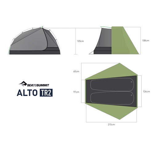 Diagrama de la tienda de campaña Carpa Sea To Summit Alto TR2 para 2 personas que muestra las vistas lateral y superior con las dimensiones. Vista lateral: 105 cm de altura en el lateral, 108 cm de altura en la parte superior. Vista superior: 215 cm de largo, 134 cm de ancho con dos áreas para dormir y 97 cm de ancho en la parte de los pies.