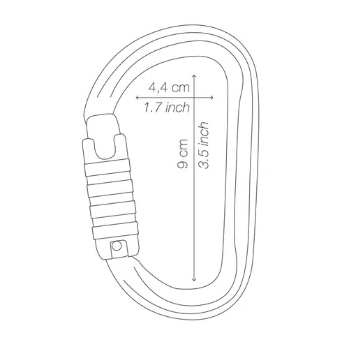 Ilustración de un mosquetón Seguridad Petzl Am'D con dimensiones etiquetadas: 9 cm (3,5 pulgadas) de alto y 4,4 cm (1,7 pulgadas) de ancho, que muestra su diseño robusto elaborado para un rendimiento confiable.