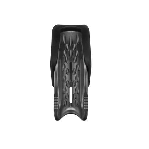 Dispositivo de plástico negro con una superficie gris texturizada, con ranuras y una ranura central. Parecido al bloqueador de emergencia Petzl Tibloc Negro, parece ser un soporte o clip, posiblemente para una herramienta o un dispositivo.