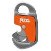 Imagen de un dispositivo de aseguramiento Petzl Easytop Steel junto al resistente Mosquetón de Reunion. El dispositivo es principalmente gris, con una sección naranja que muestra el logotipo de Petzl. Presenta un diseño compacto y ergonómico con aberturas para la gestión y fijación de la cuerda, lo que garantiza un manejo eficiente y seguro.