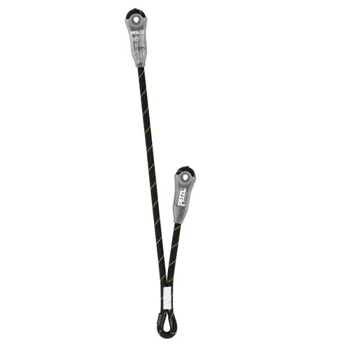 Un elemento de amarre doble negro y amarillo de Petzl que consta de dos bucles con tapas protectoras en los extremos. Un bucle es más corto que el otro, lo que ofrece varias opciones de longitud para una fijación segura. Ideal para escalada y para fines de seguridad, este elemento de amarre industrial Petzl Jane -Y garantiza fiabilidad.