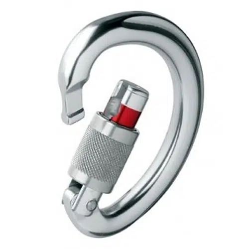 El mosquetón Petzl Omni cuenta con un mecanismo de bloqueo por torsión y un indicador de seguridad rojo que garantiza una fijación segura. Este mosquetón de seguridad plateado cuenta con un gatillo suave y curvado que lo hace ideal para escalada y otras aplicaciones de equipo de seguridad.