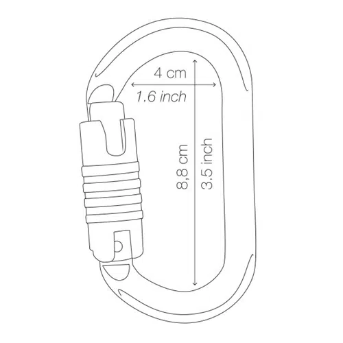 Ilustración de un mosquetón Petzl con las dimensiones etiquetadas. El ancho se muestra como 4 cm (1,6 pulgadas) y la altura como 8,8 cm (3,5 pulgadas). El diseño incluye un mecanismo de bloqueo de tornillo para mayor seguridad.