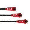 Tres cuerdas de escalada negras y amarillas, cada una con tapas de plástico rojas en los extremos marcadas con iconos de seguridad, texto y el identificador "Elemento de Amarre Industrial Petzl Progress Adjust -I", están ordenadas en alineación horizontal sobre un fondo blanco. Las cuerdas están disponibles en longitudes de 2 m, 3 m y 5 m.