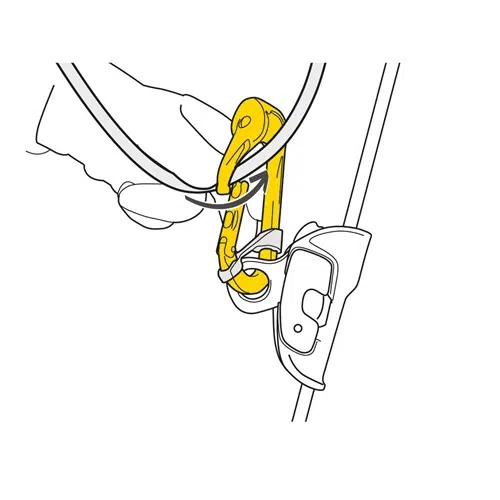 Ilustración de una mano que utiliza un mosquetón amarillo, como el Petzl RollClip, unido a una cuerda, lo que demuestra la configuración de un equipo de escalada. También se muestra un dispositivo de aseguramiento en la cuerda, lo que indica la configuración de un equipo de seguridad.