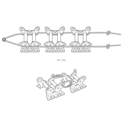 La ilustración del sistema de cordones muestra tres componentes unidos por cordones, mejorados con el Protector para Cuerda Petzl Roller Coaster para una mayor durabilidad. La parte superior muestra los componentes alineados, mientras que la sección inferior los pliega como un Petzl Roller Coaster, enfatizando su uso versátil.