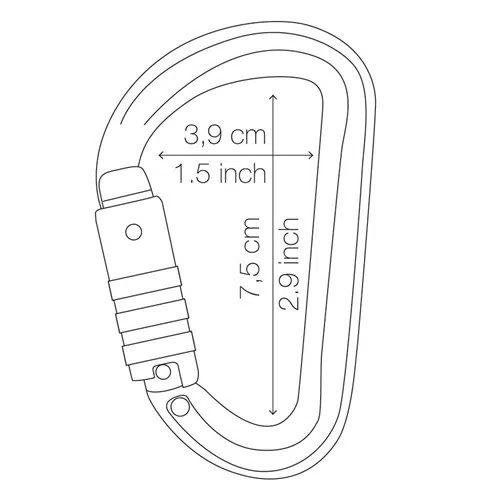 Esquema del Mosquetón Seguridad Petzl Ultraligero Sm’D, con medidas precisas: largo 7,5 cm (2,9 pulgadas) y ancho 3,9 cm (1,5 pulgadas). Cuenta con un mecanismo de bloqueo seguro para un uso confiable en todas tus aventuras.