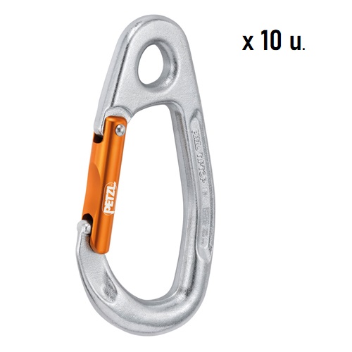 Sobre un fondo blanco se muestra un mosquetón Petzl gris metalizado con mecanismo de bloqueo naranja. El número "10 u." en la esquina superior derecha indica un Pack Mosquetón Petzl Tiptop Steel – 10 unidades.