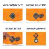 Cuatro imágenes de primer plano etiquetadas resaltan las características de la Colchoneta Sea To Summit UltraLight ASC Regular de color naranja brillante: válvula multifunción, puerto de inflado unidireccional, botón de ajuste fino (presionándolo con un dedo) y puerto de descarga rápida de aire.