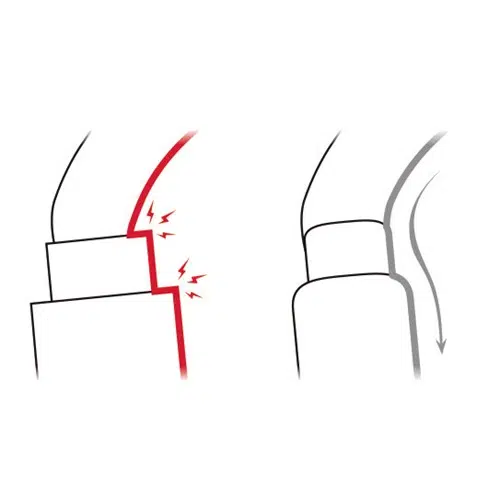 Una ilustración compara dos escenarios: el lado izquierdo muestra una corona dental mal ajustada con una línea roja y marcas de tensión, mientras que el lado derecho muestra una corona correctamente ajustada en negro con líneas suaves, de forma muy similar a cómo un Mosquetón Seguridad Petzl Am'D se ajusta de forma segura cuando está correctamente enganchado.