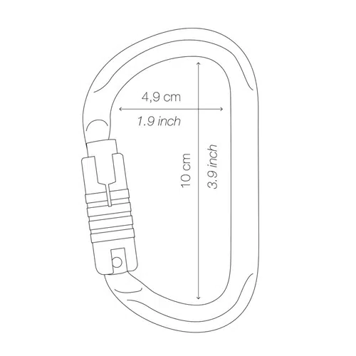 Ilustración del mosquetón de seguridad Petzl Vulcan con sus dimensiones. La altura mide 10 cm (3,9 pulgadas) y el ancho es de 4,9 cm (1,9 pulgadas). Este mosquetón incluye un mecanismo de bloqueo confiable, lo que brinda mayor seguridad para todas sus actividades de escalada.
