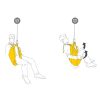 Ilustración de un individuo utilizando el Arnés Rescate Petzl Pitagor, mostrando dos posiciones: una con las piernas extendidas e inclinadas hacia atrás, y otra con las piernas flexionadas y las rodillas elevadas. Las flechas indican el movimiento en ambas ilustraciones, acompañadas de un gancho de seguridad en la parte superior.