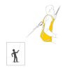 Ilustración de un hombre que lleva un arnés de rescate Petzl Pitagor amarillo, sujeto a una cuerda. Debajo, un pequeño recuadro muestra la silueta de una persona que sujeta una cuerda, lo que resalta el uso eficaz del arnés.