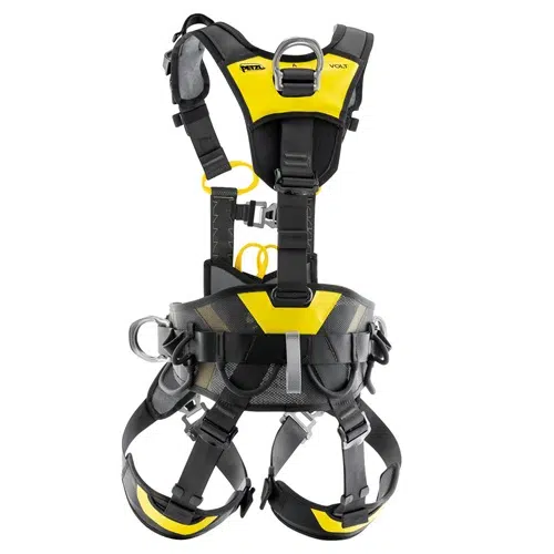 El arnés de seguridad Arnés Industrial Petzl Volt Europeo, en color amarillo y negro, cuenta con múltiples correas y hebillas ajustables diseñadas para actividades de escalada o trabajos en altura. Este arnés de seguridad incluye secciones acolchadas para mayor comodidad y presillas metálicas para sujetar el equipo de seguridad esencial.