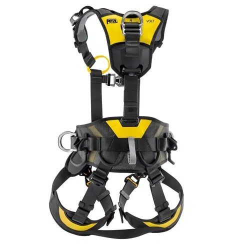 El arnés Arnés Industrial Petzl Volt Internacional, conocido por su diseño distintivo en negro y amarillo, incluye correas ajustables y hebillas de metal. Ideal para escalar o trabajar en altura, este arnés reconocido mundialmente garantiza seguridad y confiabilidad.