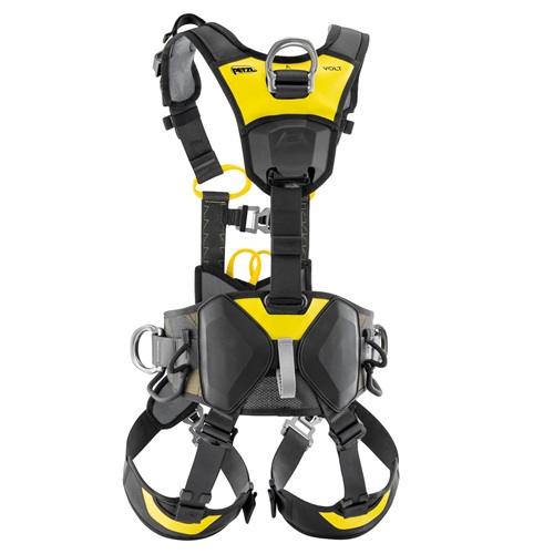 El Arnés Petzl Volt Wind Europeo, con un diseño llamativo en negro y amarillo, incluye varias correas ajustables, hebillas y anillos en D. Con su cinturón y correas de hombro acolchados, este arnés está diseñado por expertos para escalada o actividades a gran altitud.