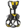 El arnés de seguridad "Arnés Petzl Volt Wind Internacional", perfecto para escalada o tareas industriales, cuenta con un llamativo diseño en amarillo y negro con múltiples correas ajustables, hebillas y puntos de sujeción. Su marca reconocible se muestra de forma destacada en las secciones del pecho y la cintura, lo que lo hace ideal para uso internacional.