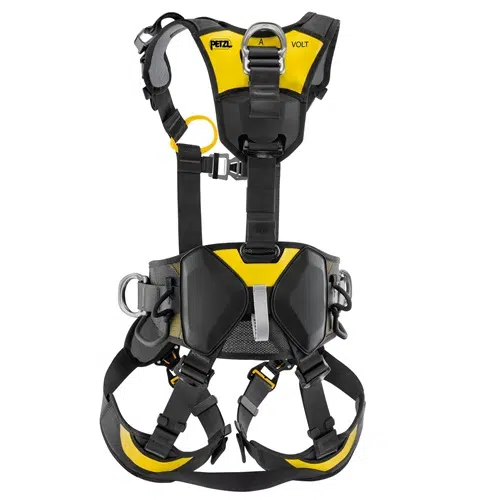 El arnés de seguridad "Arnés Petzl Volt Wind Internacional", perfecto para escalada o tareas industriales, cuenta con un llamativo diseño en amarillo y negro con múltiples correas ajustables, hebillas y puntos de sujeción. Su marca reconocible se muestra de forma destacada en las secciones del pecho y la cintura, lo que lo hace ideal para uso internacional.