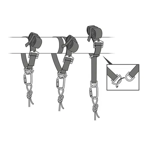 Ilustración de tres anillos de sujeción para sillín de escalada unidos a una barra horizontal, cada uno de ellos asegurado con una hebilla, un mosquetón y el anclaje industrial Petzl Connexion Vario. El recuadro muestra un primer plano de la hebilla de la correa, destacando su función de anclaje industrial y su punto de fijación.