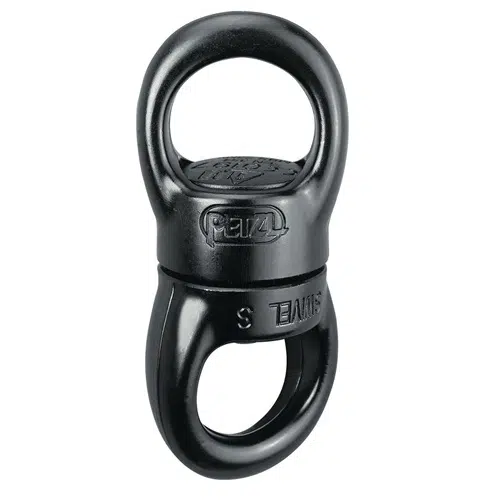 Eslabón Giratorio negro con dos extremos en forma de bucle diseñado para escalada o rescate. El robusto cuerpo cilíndrico tiene la marca "PETZL" grabada. Este eslabón giratorio permite la rotación para evitar que la cuerda se enrosque, lo que garantiza una fijación fiable y flexible.