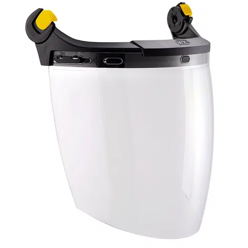 La Pantalla Protectora Facial Petzl Vizen es una pantalla facial de plástico transparente con una banda para la cabeza ajustable de color negro y amarillo, que proporciona protección facial completa desde la frente hasta debajo del mentón.
