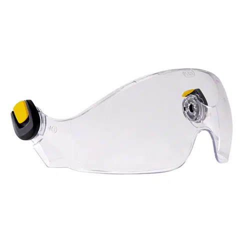 Pantalla protectora facial transparente con montaje para la cabeza ajustable y piezas decorativas amarillas en los accesorios laterales, la Pantalla Protectora Facial Petzl Vizir está diseñada para cubrir toda la cara por motivos de seguridad.