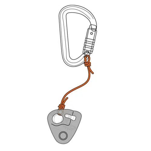 Ilustración de una Polea Petzl Nano Traxion con un dispositivo de descensor acoplado, que muestra una cuerda naranja atada entre ellos. La Petzl Nano Traxion cuenta con un mecanismo de bloqueo, mientras que el descensor ofrece varios puntos de enganche.