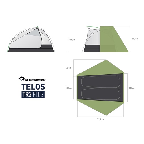Diagrama de la tienda de campaña Carpa Sea To Summit Telos TR2 Plus para 2 personas. Se muestra una vista lateral con dimensiones: 105 cm de altura en la parte delantera y 110 cm en la parte trasera. La vista superior revela su planta hexagonal con una longitud de 215 cm y una anchura de 134 cm, que da cabida a dos zonas para dormir.