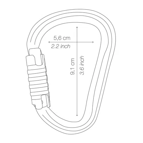 Ilustración de un mosquetón Petzl William con sus dimensiones. La altura está indicada como 9,1 cm (3,6 pulgadas) y el ancho como 5,6 cm (2,2 pulgadas). El mosquetón seguridad cuenta con un mecanismo de cierre con rosca en un lateral para una mayor seguridad.