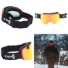 Un collage muestra las gafas de esquí Antiparras de Nieve Magnéticas Fireball Kano negras con lentes reflectantes naranjas desde varios ángulos, junto con un esquiador al aire libre en la nieve con las gafas puestas.