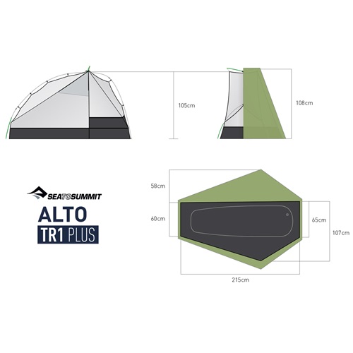 Ilustración de la carpa para una persona Carpa Sea To Summit Alto TR1 Plus que muestra las vistas laterales y superior. Las dimensiones varían entre 105 y 108 cm de altura, 58 y 65 cm de ancho y 215 cm de largo. La carpa es verde con un diseño de piso negro.