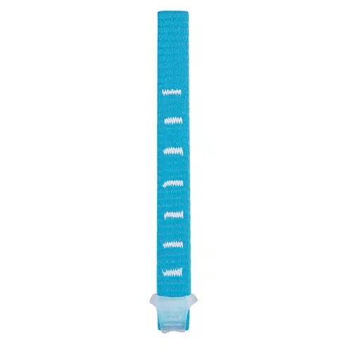 Juguete para masticar cilíndrico largo de color azul para perros con superficie texturizada y rayas blancas. El extremo inferior presenta una base transparente en forma de estrella para facilitar el agarre, que recuerda la durabilidad de la Cinta Cosida Petzl Axess de 17 cm.