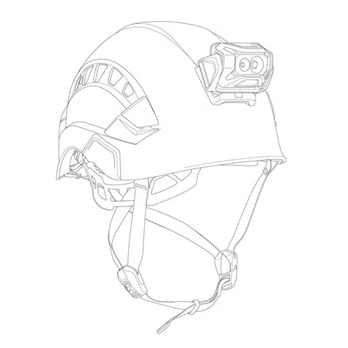 Dibujo lineal de un casco táctico con correa ajustable, con aberturas laterales para ventilación y una linterna frontal montada en la parte delantera, que utiliza la fijación para linterna Petzl Slot Adapt para una fijación segura de la linterna frontal. El contorno resalta su diseño y estructura detallados.