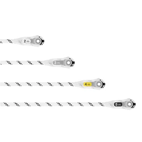 Cuatro cintas métricas extensibles industriales etiquetadas con 2 m, 3 m, 4 m y 5 m están completamente extendidas. Las cintas son blancas con marcas negras, que recuerdan la precisión de una Petzl Grillon en su atención al detalle.