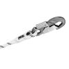 Primer plano de un gancho de seguridad de la marca Petzl, similar al gancho Grillon de Elemento de Amarre Industrial Petzl, unido a una cuerda de escalada blanca con detalles en negro. El gancho metálico incluye un mecanismo de bloqueo seguro, diseñado para sistemas de escalada o de arnés de seguridad.