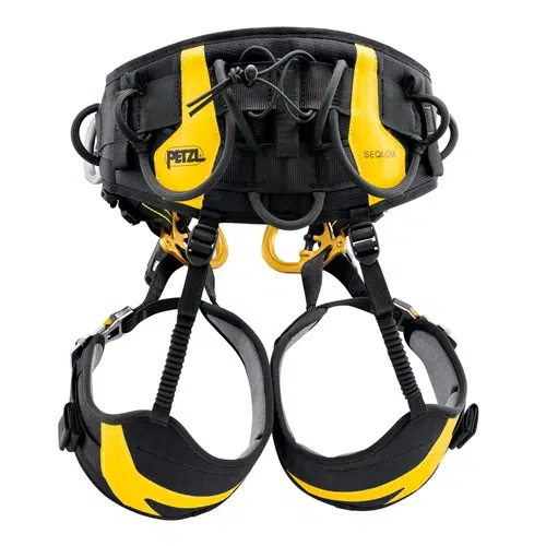 El arnés Petzl Sequoia de Arnés Industrial presenta un diseño llamativo en negro y amarillo con varias correas ajustables, hebillas y portamateriales. Sobre un fondo blanco, combina a la perfección seguridad y estilo para escaladores profesionales.