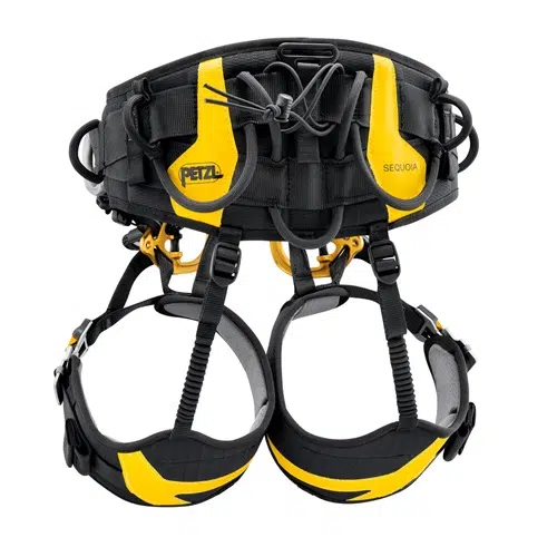 El Arnés Industrial Petzl Sequoia SRT es un arnés de escalada de colores negro y amarillo, equipado con varias correas y presillas de ajuste. Lleva de forma destacada la marca "PETZL" y el modelo "SEQUOIA" para una fácil identificación.
