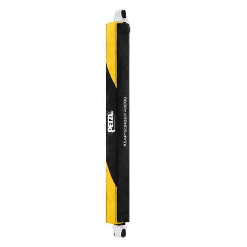 Funda protectora rectangular de dos tonos, negra y amarilla, con la etiqueta «Absorbedor Industrial Petzl Asap’Sorber Axess» y el logotipo de Petzl en blanco en el centro. Los extremos están equipados con conectores para su fijación, lo que la convierte en una opción ideal para usar con el Petzl Asap’Sorber.