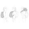 Ilustración de una persona en tres poses que muestra cómo llevar el Bolso para Cuerda Petzl Split: tradicionalmente en la espalda, colgado de un hombro y llevado por un asa superior. La persona mira hacia la izquierda en cada pose.
