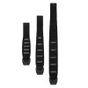 Tres bandas elásticas negras, similares a la Cinta Cosida Petzl Express de 25 cm, se presentan en posición vertical en diferentes longitudes: corta, media y larga. Cada banda presenta patrones de costura horizontales para un mejor agarre.