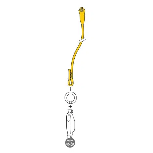 Ilustración que muestra un cable de puente amarillo con pinzas en ambos extremos, colocado encima de un conector de terminal de batería circular. Debajo se muestra un diagrama del circuito, que indica las conexiones positivas y negativas, similar al Elemento de Amarre Industrial Petzl Jane -I en su precisión y funcionalidad.