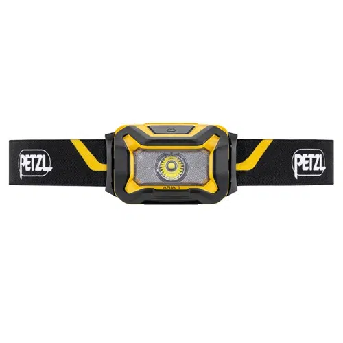 La Linterna Frontal Petzl Aria 1 350lm es una linterna frontal de color amarillo y negro, equipada con una luz LED central. Se fija mediante una correa ajustable de color negro, que muestra de forma destacada el logotipo "Petzl" en cada lado.